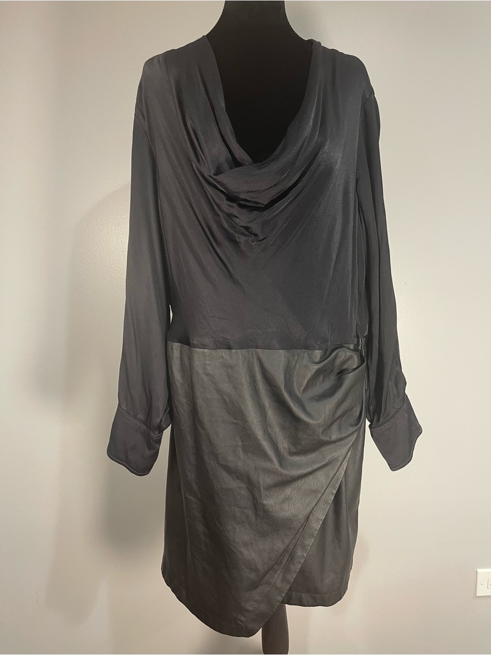 Anthropologie Maeve Black Mixed-Media Draped Neck Long-Sleeve Dress Sz. 16